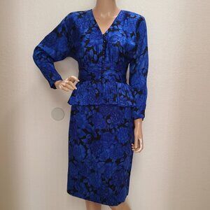 VINTAGE 1980s ALBERT NIPON BOUTIQUE 2pc BLOUSE & SKIRT SET 100% SILK FLORAL sz 6
